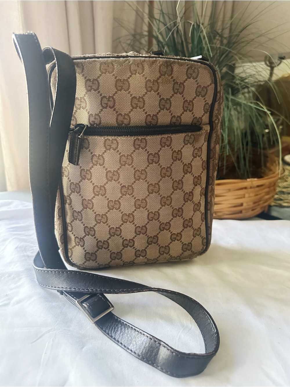 Gucci Small Beige and Brown GG Canvas Messenger Bag Has Wear Throughout